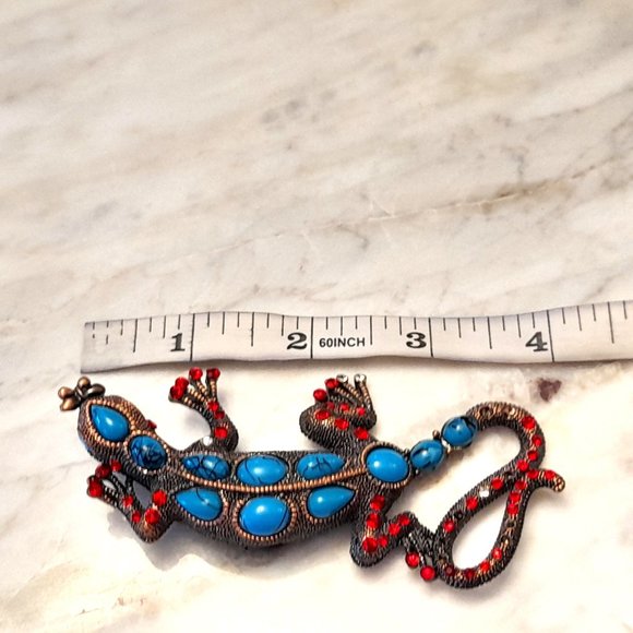 4 inch Turquoise and Red Crystal Gecko Brooch - Picture 7 of 11